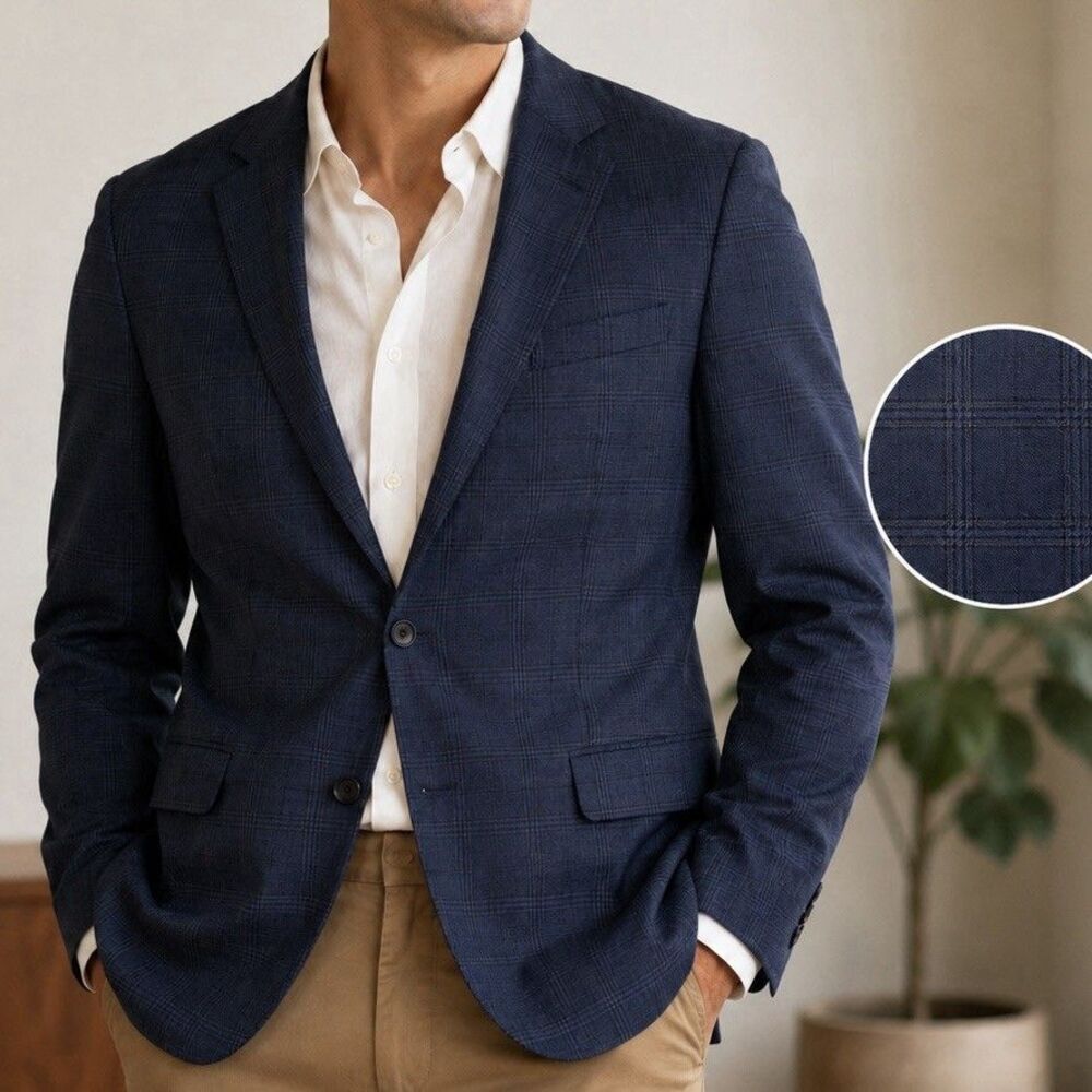 Tallia 38R Blue Windowpane Sport Coat 100% Wool Blazer Jacket Two Button